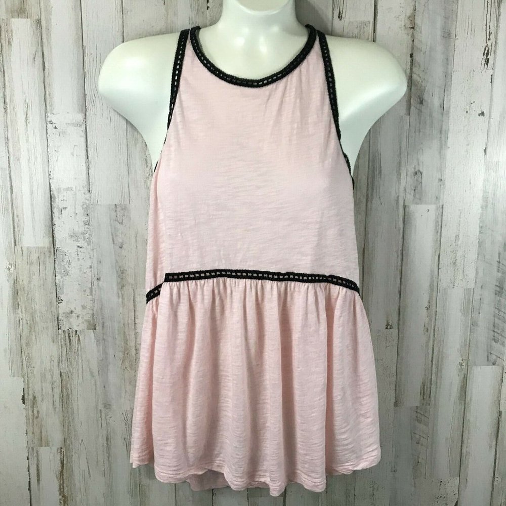 5/$25 Express Top S Pink Open Crochet Trim High Gathered Waist Slub Knit AM13